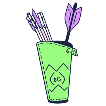 A traditional quiver is displayed prominently, fashioned from leather and showcasing intricate tribal patterns etched into the material. The quiver is upright, revealing a collection of hand-crafted arrows nestled inside it. Each arrow features a unique design on its fletching, with various shapes and lengths. The arrowheads glimmer slightly, indicating a polished finish. The quiver also has a small leather strap on the side for carrying, and the overall scene is well-lit, highlighting the details of the quiver and arrows.