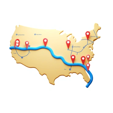 A detailed map illustrating a planned cross-country bus route. The route is indicated with a bold, colorful line that meanders across the map, connecting various city stops. Each city stop is marked with a distinct icon or pin, featuring the names of the cities in clear, readable text. The map includes various geographical features such as rivers and mountains, alongside important landmarks and highways. The background is a soft beige or light color to enhance visibility of the route and city markers.