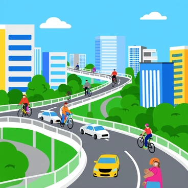 A group of bicyclists riding on elevated transparent cycling paths that weave through a bustling city. The paths are surrounded by tall buildings and vibrant greenery, showcasing a mix of modern architecture and nature. The cyclists are wearing colorful helmets and jerseys, with some riding road bikes and others on mountain bikes. Below the paths, cars and pedestrians can be seen navigating the streets, creating a lively urban scene. The sky is bright blue with a few fluffy white clouds, adding to the overall dynamic atmosphere.