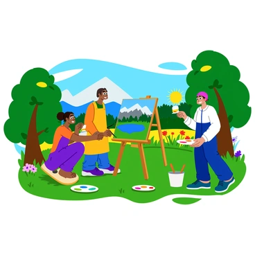 A group of three artists painting landscapes outdoors. One artist is focused on a canvas depicting a mountainscape, while another captures a serene lake scene, and the third is painting a vibrant field of flowers. They are surrounded by lush green trees with sunlight filtering through the leaves. Colorful flowers bloom around them, adding splashes of red, yellow, and purple to the scene. Each artist has their own easel, and paint palettes filled with bright colors are scattered on the ground.