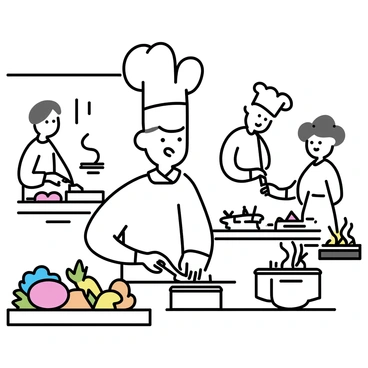 A chef wearing a white uniform and a tall chef’s hat is focused on his task in a bustling kitchen. The kitchen is filled with various cooking equipment and vibrant ingredients. The chef is using a can opener on a tin of fish, with the tin placed on a wooden countertop. Fresh herbs, spices, and colorful vegetables are scattered around him. In the background, other kitchen staff are actively working, with one chef chopping vegetables and another stirring a pot on the stove.