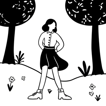 A stylish model standing confidently in a sunny park, wearing a flowy skirt that gently sways with the breeze. The model is paired with a chic denim blouse that complements the outfit well. Surrounding the model are tall trees casting intricate shadows on the ground. A few flowers are scattered in the grass nearby, adding texture to the scene. The sunlight filters through the leaves, creating a playful pattern on the ground.