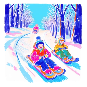 A group of children is sledding down a snowy hill. One child, wearing a bright red jacket and a blue hat, is laughing as they propel down the slope on a colorful sled. Another child, dressed in a green snowsuit, is mid-slide with snow flying around them. In the background, tall winter trees stand bare, their branches dusted with white snow. The sky above is clear, allowing sunlight to shine down on the fun scene.