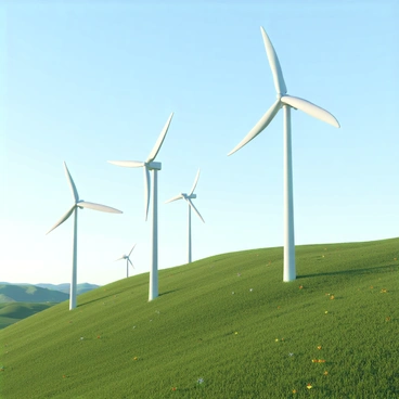 A modern wind turbine farm situated on a gently sloping hill, featuring multiple large turbines with sleek white blades that are actively spinning in the wind. The turbines are positioned at various heights, creating a dynamic visual effect against the blue sky. The hill is covered in lush green grass, dotted with some wildflowers in vibrant colors. In the background, there are distant rolling hills that contribute to the landscape's depth. The sunlight casts soft shadows from the turbines onto the hill, enhancing the scene’s visual texture.
