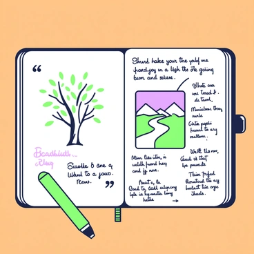 An open journal lies on a wooden table, its pages filled with various sketches and handwritten feedback notes. On the left page, there is a detailed sketch of a tree, with intricate branches and leaves, accompanied by a feedback comment below it. The right page showcases a drawing of a landscape with mountains and a river, surrounded by several notes written in neat handwriting discussing techniques and ideas. A green pen rests casually beside the journal, adding to the creative atmosphere of the scene.