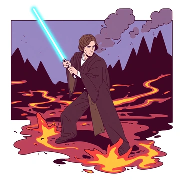 Anakin Skywalker is positioned in an aggressive stance, wielding a blue lightsaber that emits a bright glow. His dark attire contrasts dramatically against the fiery orange and red lava flows surrounding him. The molten lava splashes up around him as he strikes, highlighting the intensity of the battle. In the background, jagged black rock formations rise against a smoke-filled sky, with glowing lava rivers weaving through the landscape. Anakin's expression is focused and determined, showcasing the heat of the duel on the chaotic planet Mustafar.