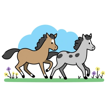 Two young colts are playfully running in a green field. The first colt is a chestnut brown, with a shiny coat and a white star on its forehead. The second colt is a light gray with darker spots, galloping alongside its companion. Both colts have their tails raised high and their manes flowing in the breeze. The field is dotted with wildflowers, primarily yellow and purple, swaying gently with the movement of the colts. In the background, a clear blue sky stretches overhead, adding to the vibrant atmosphere of the scene.
