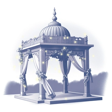 A mandap featuring intricate carvings and decorative elements. It is adorned with lush floral arrangements and ornate drapery hanging from the structure. The mandap is surrounded by a serene outdoor setting, and the sky has transitioned to dusk. Twinkling fairy lights are delicately strung around the mandap, creating a magical atmosphere. Soft shadows cast by the lights give depth to the scene, enhancing the details of the mandap's design.