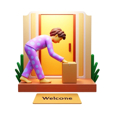 A person wearing soft, colorful pajamas is bending down to pick up a cardboard package from their porch. The morning light casts a warm glow, illuminating the scene and creating soft shadows on the wooden floor of the porch. The person has tousled hair and a relaxed expression, suggesting a calm start to the day. The package is rectangular and wrapped in brown cardboard, resting on a welcome mat that reads "Welcome." There are green plants flanking the porch, adding a touch of greenery to the setting.