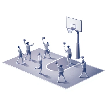 A basketball trainer standing on the court, demonstrating proper shooting form to a group of players. The trainer is wearing a whistle around their neck and has a focused expression while guiding the players. The players are spread out on the court, each in different shooting poses, some with the ball, others preparing to receive instructions. The basketball hoop is visible in the background, with a few basketballs scattered around the area. The setting is a gymnasium with wooden flooring and lines marking the court boundaries.