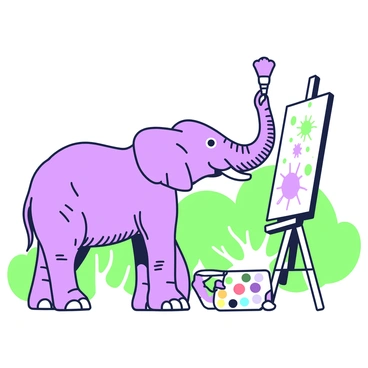 An elephant is standing in front of a large canvas, using its trunk to hold a brush. The elephant is depicted with its large ears flared out and textured skin showing fine details. The canvas is positioned on an easel, and vibrant paint splatters cover it, suggesting a lively artwork in progress. The scene includes a scattered array of paint tubes on the ground, alongside a small palette with various colors. In the background, there is a lush environment with trees and foliage visible.