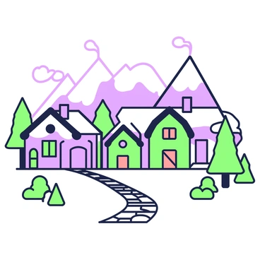A quaint mountain village is nestled among towering snowy peaks. The village features several small cottages with sloping roofs, each adorned with wooden shutters. Smoke rises gently from the chimneys of the cottages, indicating warm fires inside. In the foreground, a stone pathway winds through the village, bordered by small patches of evergreen trees. Snow blankets the ground, creating a peaceful atmosphere. The backdrop showcases the majestic, snow-covered mountains under a clear sky.