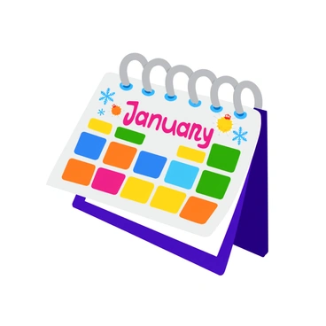 A cartoon calendar with bold, colorful illustrations on each page. The December page features festive decorations, including snowflakes and ornaments, while the January page showcases bright colors, fireworks, and a cheerful "Happy New Year!" text in a fun font. The calendar is depicted flipping over, with a sense of movement, showing the transition from December to January. The background is simple to keep the focus on the animated calendar.