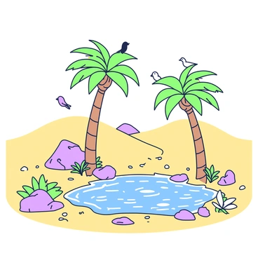 A hidden oasis in the desert features a cluster of tall palm trees swaying gently in the warm breeze. Surrounding the oasis, the sandy terrain stretches out, dotted with small rocks and patches of green plant life. In the center, there is a sparkling pond that reflects the sunlight, with ripples gently breaking the surface. The water is clear, revealing smooth stones resting at the bottom. Several birds can be seen perched on the palm branches, while others are flying overhead against the blue sky. The scene conveys a sense of tranquility and hidden beauty amidst the vast desert landscape.