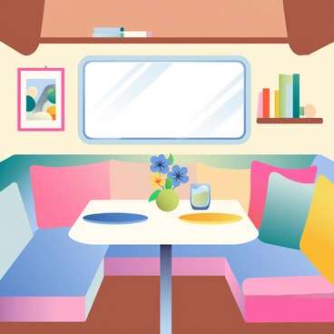 The interior of a cozy camper van is filled with warm wood tones and soft fabrics. A fold-out table is positioned in the center, set for a meal. The table is adorned with a white tablecloth and features a small vase with fresh flowers in the middle. Two plates, one blue and one yellow, are placed on either side of the vase, accompanied by matching utensils. A pair of glasses filled with iced tea are beside the plates. Soft, cushioned seating surrounds the table, and a window above lets in natural light, casting gentle shadows across the space. The walls are decorated with travel-themed artwork and there are small shelves with books and games.