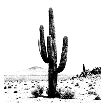A gnarly, weather-beaten cactus standing alone in a vast desert landscape