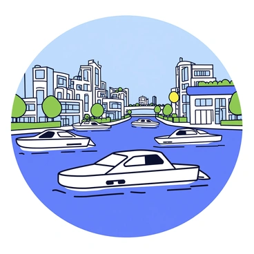 A series of sleek, futuristic water taxis gliding through a network of canals in a modern city. Each water taxi has a streamlined design with a glossy finish, reflecting the bright lights of the city. The canals are bordered by contemporary buildings with large glass windows and greenery integrated into the architecture. The surface of the water is smooth, with gentle ripples created by the movement of the taxis. In the background, various futuristic structures, such as elevated walkways and floating gardens, enhance the urban skyline. Clear blue skies above provide a bright and inviting atmosphere.