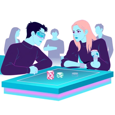 Two players facing each other at a sleek, futuristic poker table, both displaying serious poker faces during a tense showdown. One player has short black hair and wears a high-tech visor that displays holographic data, while the other has medium-length blond hair and a metallic bracelet on their wrist. The table is illuminated with neon lights, and various digital chips are stacked neatly in front of each player. The background features blurred figures of spectators watching intently, adding to the atmosphere of competition and suspense.