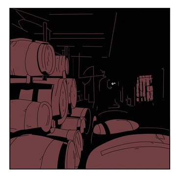 A dimly lit warehouse filled with rows of stacked barrels of dark brown liquor. The barrels are aged and wooden, displaying signs of wear and tear. In the shadows, a pair of watchful eyes peer from behind a stack of barrels, alert and attentive. The eyes belong to a figure dressed in dark clothing, blending in with the surroundings. The atmosphere is tense, highlighting the secrecy of the operation taking place within the warehouse.