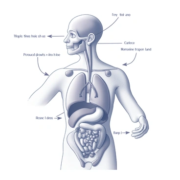 An illustration of a human endocrine system. The image depicts several glands, such as the pituitary gland, thyroid gland, adrenal glands, and pancreas, prominently placed within the body. Each gland is illustrated with clear anatomical details, showcasing their shapes and positions. Arrows indicate the flow of hormones from these glands into the bloodstream, represented by a network of blood vessels. The bloodstream is shown as a series of branching tubes, with the hormones portrayed as small circles moving away from the glands towards the vessels.