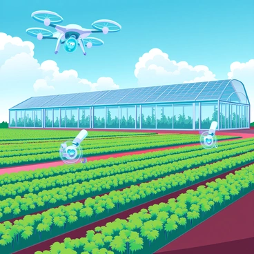 A sprawling futuristic farm with rows of vibrant green crops, meticulously organized in perfect lines. Above the fields, sleek drones hover, equipped with advanced cameras and sensors, scanning the plants for optimal growth conditions. Nearby, robotic arms, constructed from shiny metals and advanced polymers, efficiently tend to the crops, performing tasks such as planting, watering, and harvesting. In the background, a modular greenhouse with transparent solar panels allows natural sunlight to penetrate while generating energy. The sky is bright blue, dotted with fluffy white clouds, creating a perfect atmosphere for agricultural innovation.