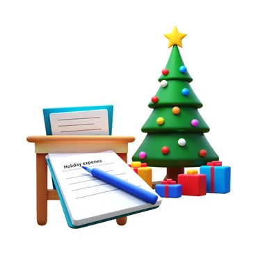 A notepad with neatly written holiday expenses sits on a small table. A pen is placed beside the notepad, ready for use. In the background, a beautifully decorated Christmas tree glows with colorful lights and ornaments. Wrapped gifts in various sizes and colors are placed around the base of the tree. The scene captures the atmosphere of holiday planning and celebration.