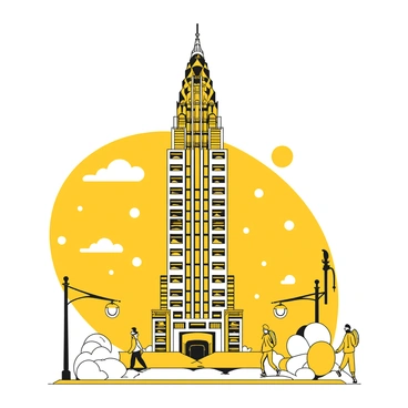 The Chrysler Building towers majestically, its iconic Art Deco architecture standing out against the skyline. Snowflakes are falling softly around it, creating a delicate flurry in the air. The building is illuminated by streetlights, casting gentle reflections on the snowy surface below. Piles of snow accumulate on the sidewalks, and a few people are walking by, bundled in winter coats and hats, their breath visible in the cold air.