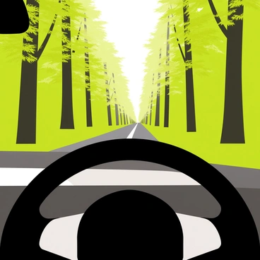 A close-up view over a black steering wheel with silver accents. The steering wheel is situated in a car interior that has a modern dashboard. In the background, through the windshield, a lush green forest is visible, featuring tall trees with dense foliage and sunlight filtering through the leaves. The road is a narrow, winding path, surrounded by vibrant greenery on either side, creating a sense of depth and immersion in nature.