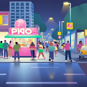 A bustling city street at night is filled with activity and energy. Colorful neon signs in hues of blue, pink, and green light up the scene, casting vibrant reflections on the wet pavement. People are walking along the sidewalk, some are engaged in conversation while others are hurrying to their destinations. Streetlights with warm yellow illumination stand tall, adding to the lively atmosphere. Food vendors are stationed along the street, with glowing signs advertising their offerings, while the faint sound of music can be heard in the background. Cars are parked along the roadside, their headlights illuminating the surroundings.
