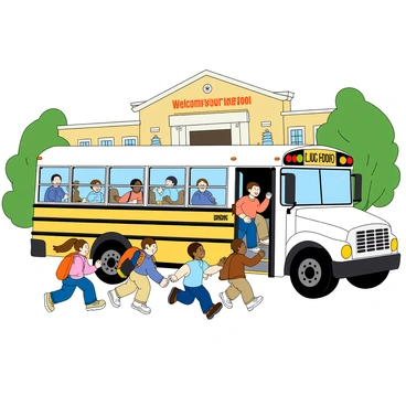A large white school bus is parked in front of a bustling school entrance. The bus has bright yellow accents and large windows showing children inside. Excited children are getting off the bus, with some wearing colorful backpacks. A group of kids runs ahead, laughing and chatting, while others take their time stepping down the bus steps. The school entrance features a large sign above the door that reads "Welcome to Our School" in cheerful letters. Several trees and flowers frame the scene, adding vibrancy to the environment.