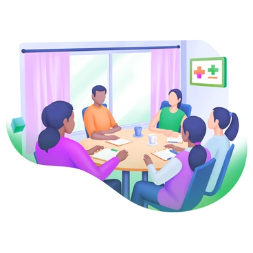 A modern pastel illustration depicting a support group meeting in a cozy room. In the center, a round table is surrounded by several individuals. Each person is engaged in sharing their experiences related to their diagnosis. One person is speaking, with a warm expression, while others listen attentively. On the table, there are notepads and coffee cups. The walls are adorned with soft pastel colors, and a large window allows natural light to flood the space, enhancing a sense of openness and connection.