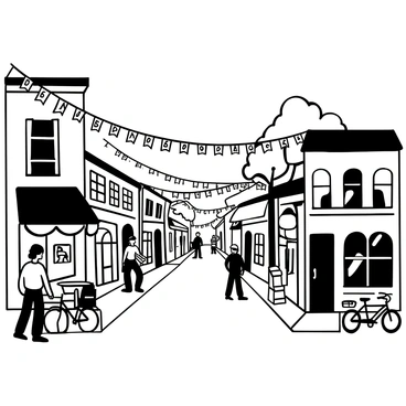 Red, white, and blue bunting hanging across a charming small-town street