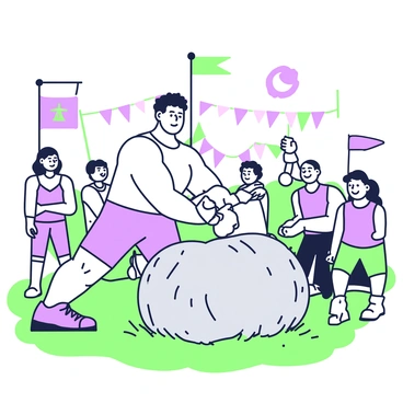 A strongman competitor is lifting a massive stone in the center of an outdoor strength competition. The competitor has a muscular build and is wearing a sleeveless shirt and shorts, showcasing their strength. Their face displays intense focus as they grip the stone tightly with both hands. Spectators are gathered around the competition area, with a mix of expressions ranging from excitement to admiration. In the background, there are banners and flags fluttering in the breeze, adding to the competitive atmosphere. The ground is grass, and the sun casts shadows of the competitors and spectators.