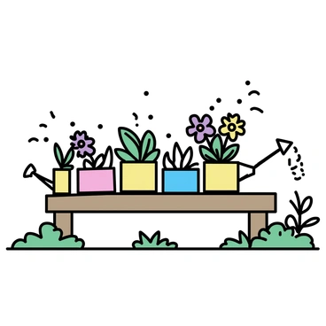 A garden scene featuring several empty cans displayed as planters. The cans, in various sizes and colors, are filled with vibrant herbs and flowers. Some cans have green basil and parsley, while others contain colorful blooms such as yellow marigolds and purple petunias. The cans are arranged on a wooden table in the center of the garden, surrounded by patches of lush green grass. A light breeze stirs the leaves of nearby plants, creating a lively atmosphere. A small watering can is placed beside the table, adding to the gardening theme.