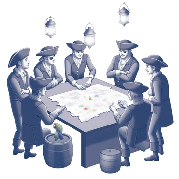 A group of pirates gathered around a large, tattered treasure map spread out on a wooden table. The pirates are dressed in traditional pirate attire, featuring tricorn hats and eye patches. One pirate is leaning forward, pointing at a marked location on the map with a dagger, while others listen intently, some with arms crossed and others resting their chins on their hands. The setting is dimly lit, with shadows cast from flickering lanterns hanging overhead. A few empty tankards and a parrot perched on a barrel add to the atmosphere of camaraderie and excitement.