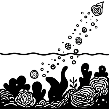 A detailed depiction of a diverse array of "phytoplankton" drifting upwards through water layers. The composition shows various types of phytoplankton with distinct shapes and sizes, some resembling tiny spirals, others appearing as flat discs. The lower part of the illustration captures the "deep sea" environment with darker hues and suggests depth through light gradients. As the phytoplankton rise, the water becomes progressively lighter, illustrating the transition to the "sunlit surface" where rays of light penetrate the water. Small bubbles and particles drift alongside the phytoplankton, enhancing the sense of movement and buoyancy.