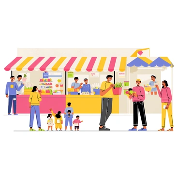 A bustling market scene filled with vibrant colors and activity. There are multiple stalls, each with an array of goods on display, such as fruits, vegetables, and handmade crafts. Some stalls have striped awnings in bright colors like red, yellow, and blue. People are scattered throughout the market, engaging in lively discussions and haggling over prices. A vendor is shown enthusiastically presenting his wares, while a customer holds up a bag filled with fresh produce. In the background, a group of children plays near the stalls, adding to the lively atmosphere.