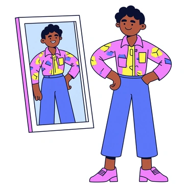 An individual is standing in front of a full-length mirror. They are wearing a colorful outfit that reflects their identity, featuring a vibrant design with bold patterns and symbols. The person has a confident posture, with one hand on their hip and a smile on their face. The mirror reflects their image back to them, showcasing the details of their clothing and the joy in their expression. The background is simple, allowing the focus to remain on the individual and their attire. 
