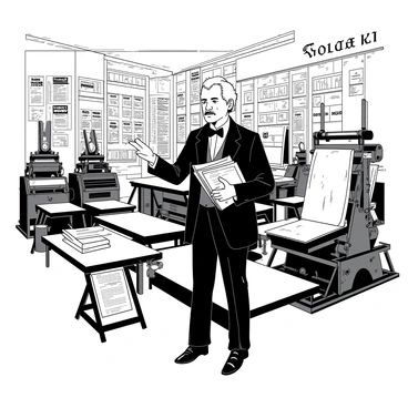 Frederick Douglass is standing confidently in a newspaper office, wearing a formal suit complete with a bow tie. He is holding a stack of freshly printed newspapers in one hand, while his other hand gestures animatedly as he speaks. Surrounding him are several large, intricate printing presses, with rolls of paper and ink pots visible on the nearby tables. The atmosphere is bustling, with other workers in the background operating the machinery. The walls of the office are lined with shelves filled with various newspapers and pamphlets.