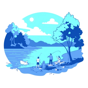 A blue lakeside scene features a calm water surface reflecting the bright sky. On the shore, a group of people is engaged in fishing, with two individuals standing side by side, casting their fishing rods into the water. Nearby, a family is sitting on a picnic blanket, enjoying snacks and drinks while watching the lake. In the background, lush green trees frame the scene, providing shade and enhancing the peaceful atmosphere of the day. The sun is shining brightly, casting soft shadows on the ground.