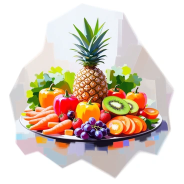 A vibrant mandala design composed of an array of colorful fruits and vegetables. In the center, there is a large, ripe pineapple surrounded by slices of kiwi and fresh strawberries. Radiating outward are segments of orange and yellow bell peppers, interspersed with leafy greens like kale and spinach. Additional layers feature purple grapes, juicy tomatoes, and bright carrots cut into circular patterns. Each fruit and vegetable is intricately arranged to create a harmonious and visually appealing representation of a healthy lifestyle.