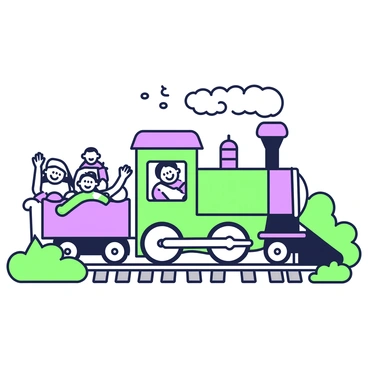 A cartoon steam train is moving down the tracks, with puffs of smoke rising from its chimney. The train consists of multiple colorful carriages, each with distinct features. Passengers are visible in the windows, waving enthusiastically. Some have their arms raised, while others are smiling and leaning out to enjoy the ride. The tracks run through a scenic landscape, with trees and bushes lining the sides. A clear sky is seen above, adding to the cheerful atmosphere of the scene.