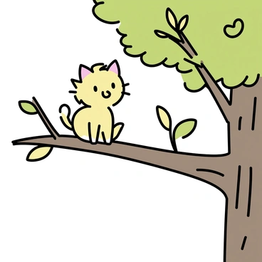 A small, playful kitten with fluffy fur, sitting on a horizontal branch of a tree. The kitten is looking down with wide eyes, displaying curiosity. The branch is thick and sturdy, surrounded by lush green leaves that create a vibrant backdrop. The tree trunk is rough and textured, showing the details of the bark. Sunlight filters through the leaves, casting gentle shadows.