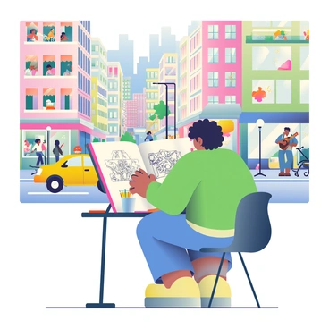 An illustrator with light brown skin and curly hair is seated at a small, wooden table, intently sketching in a large, open sketchbook. The sketchbook is filled with detailed drawings of various city scenes. Surrounding the table are vibrant city streets, filled with pedestrians, street vendors, and cyclists. Tall buildings with colorful façades rise in the background. A yellow taxi cab is driving by, while a street performer plays guitar on the sidewalk. The illustrator has a cup of coffee on the table, and a scattering of colored pencils is nearby, emphasizing the creative atmosphere.