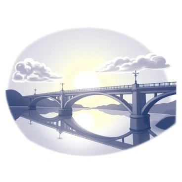 A bridge spanning across a river. The sun is rising on the horizon, casting radiant light across the landscape. The sky is filled with intricate patterns of clouds, illuminated by the sunlight. The bridge has elegant architectural elements, with arches and supportive beams clearly visible. The reflection of the bridge and the sunrise can be seen in the calm water below, enhancing the scene's beauty.