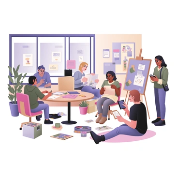 A digital flat illustration depicting an art class for illustrators taking place inside a vibrant community center in Vancouver. The room is filled with large windows, allowing natural light to stream in. There are several students scattered around the room, each engaged in their own illustration work. One student is sitting at a round table, sketching on a notepad with a pencil. Another student stands at an easel, painting with bright colors on a canvas. A third student is sitting on the floor, surrounded by markers and colored pencils, focused on creating a digital illustration on a tablet. The walls are adorned with various art pieces created by the students, and a large bulletin board displays class information and art inspirations. The instructor, a woman with medium skin and curly hair, is walking around offering guidance and encouragement. A few plants are placed around the room, adding a touch of greenery.