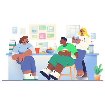 A group of three employees is engaged in a casual conversation in a break room. One employee, a woman with curly brown hair, is leaning against a countertop. She is wearing a light blue blouse and holding a red cup filled with a drink. The second employee, a man with short black hair, is sitting on a wooden stool, wearing a green t-shirt and laughing. A third employee, a woman with straight blonde hair, stands nearby, wearing a white sweater and holding a bag of chips. The break room is filled with snacks, including a bowl of fruit on the table, a platter of cookies, and a cooler filled with drinks. There are colorful posters on the walls, and a small potted plant adds a touch of greenery to the scene.