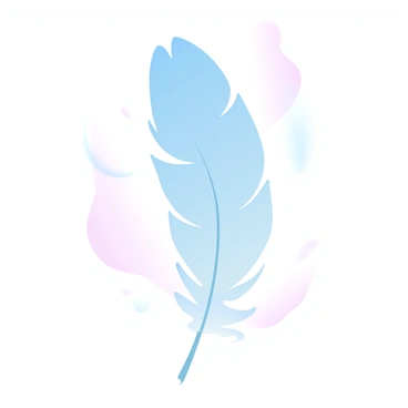 A delicate feather is suspended mid-air, gently drifting downwards. The feather has soft, intricate barbs and a light, translucent quality. Surrounding the feather are subtle wisps of air that emphasize its graceful descent. The background is filled with a soft gradient of pastel colors, creating a tranquil atmosphere. The feather's edges catch the light, highlighting its fine details and softness.