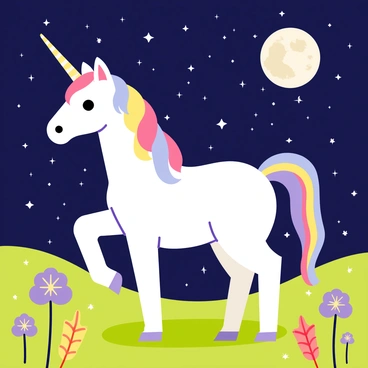 A mystical unicorn with a shimmering white coat and a long, spiraled horn stands gracefully in a lush green meadow. The unicorn's mane and tail flow with shades of pastel colors, resembling a rainbow. Surrounding the unicorn are vibrant wildflowers in a variety of colors including purple, yellow, and red. Above, a sparkling night sky is filled with numerous twinkling stars, creating a magical atmosphere. The moon hangs low, casting a soft glow over the scene, illuminating the meadow and enhancing the ethereal quality of the moment.