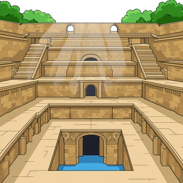 An ancient stepwell with ornate architecture featuring intricate stone carvings and patterns. The structure has multiple levels, with wide, descending staircases that create a spiraling effect downwards. The walls of the stepwell are adorned with detailed sculptures depicting various figures and motifs. Bright sunlight filters through openings at the top, casting shadows across the stone steps. The stepwell is surrounded by lush greenery, enhancing its historical charm. There are small puddles of water at the bottom, reflecting the beauty of the architecture above.